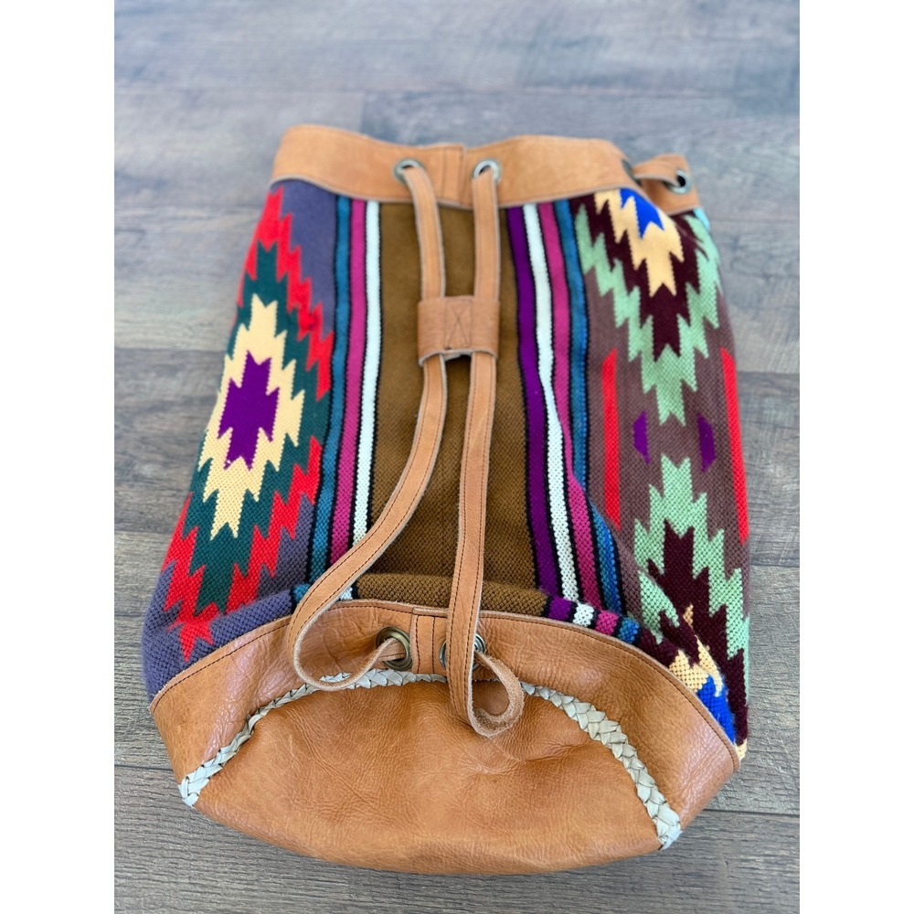 Vintage Handmade Ecuador Kilim Leather Drawstring Backpack